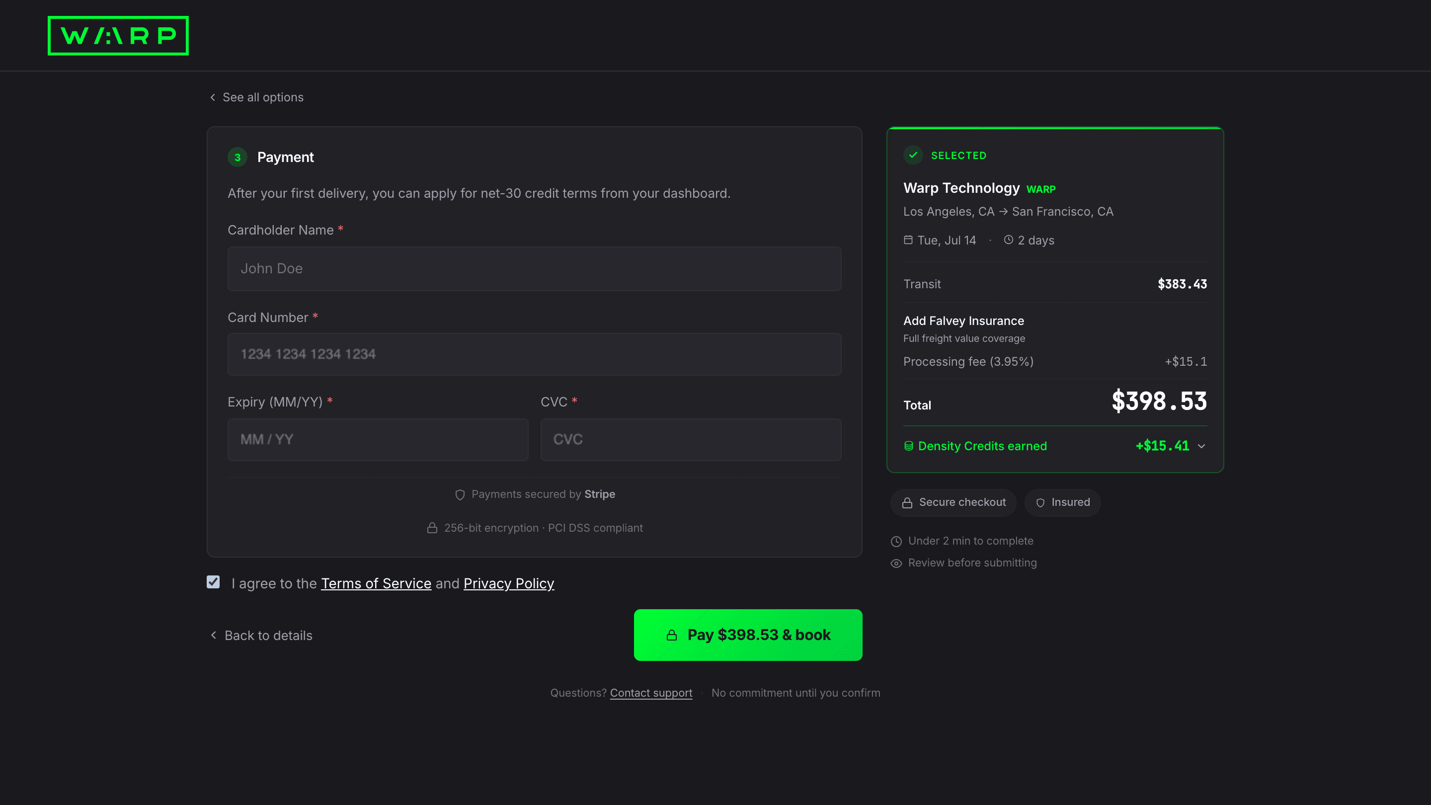 Payment page with Stripe card fields, sidebar cost breakdown showing transit, insurance, processing fee, and total, with a green Pay and book button