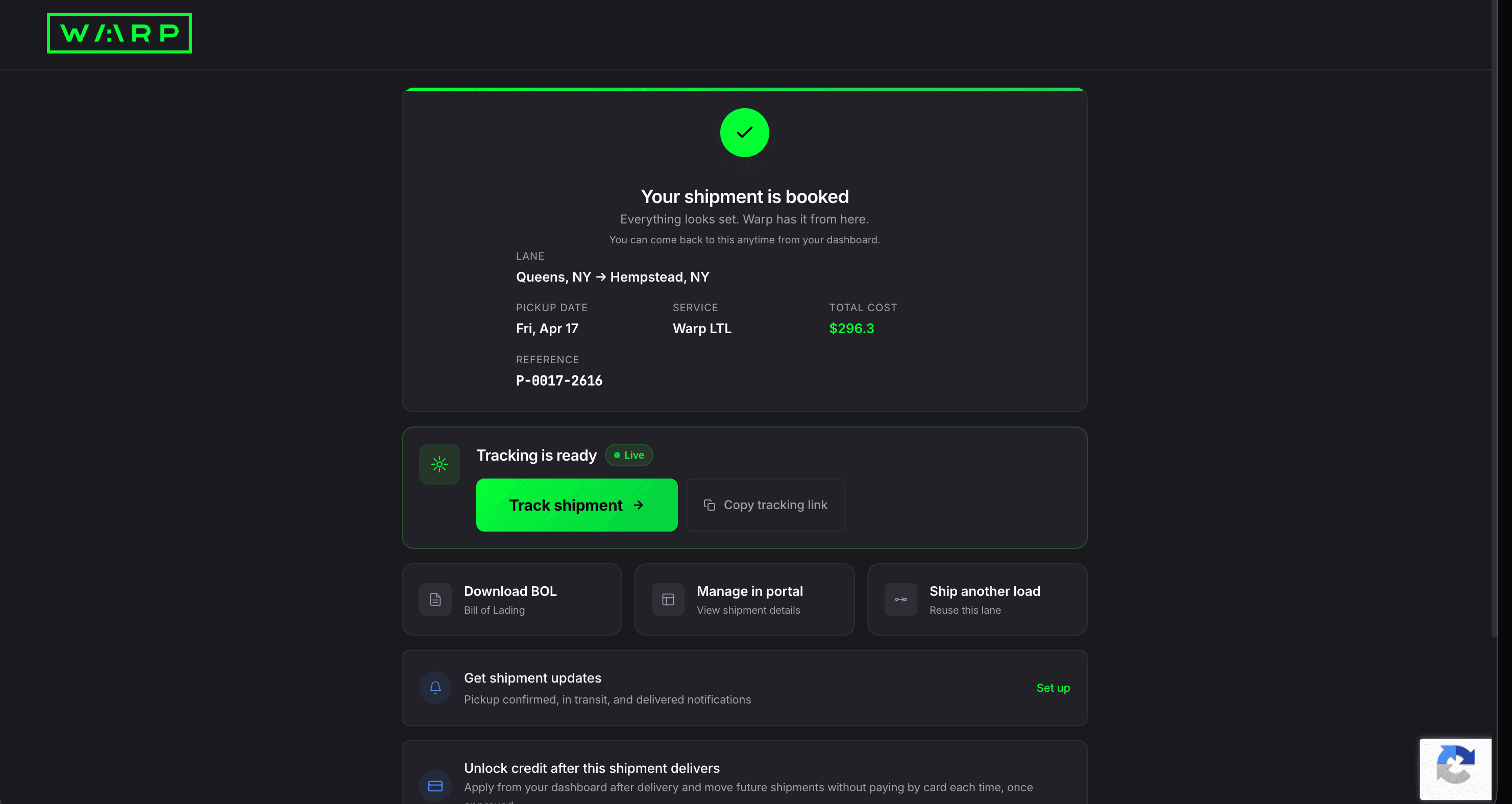 Booking confirmation with green checkmark, shipment details, Tracking is ready Live badge, and action tiles for Track shipment, Download BOL, Manage in portal, and Ship another load
