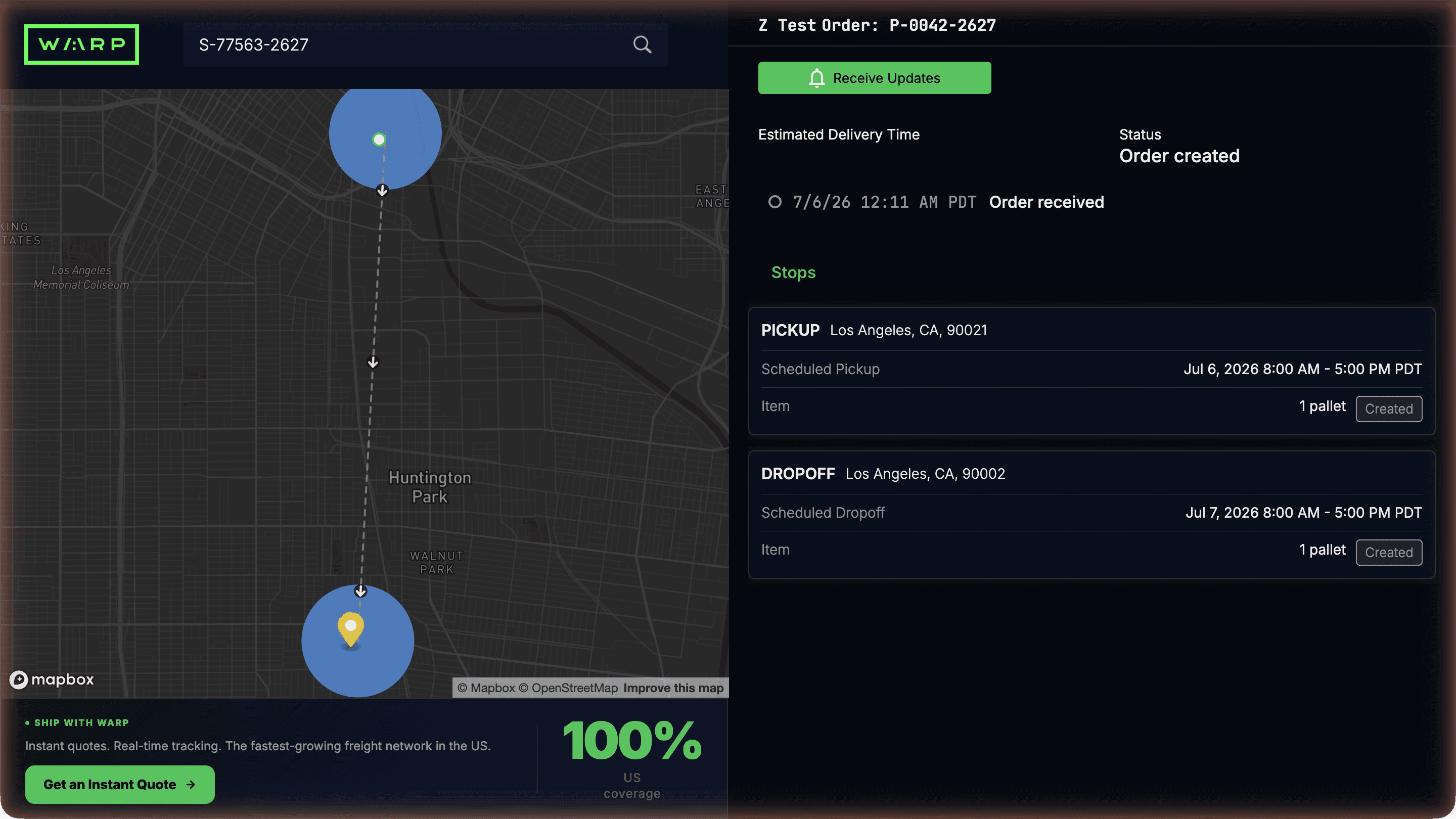 Warp public tracking page: live map with pickup and delivery markers, order status, scheduled stops, and a Receive Updates button — no login required