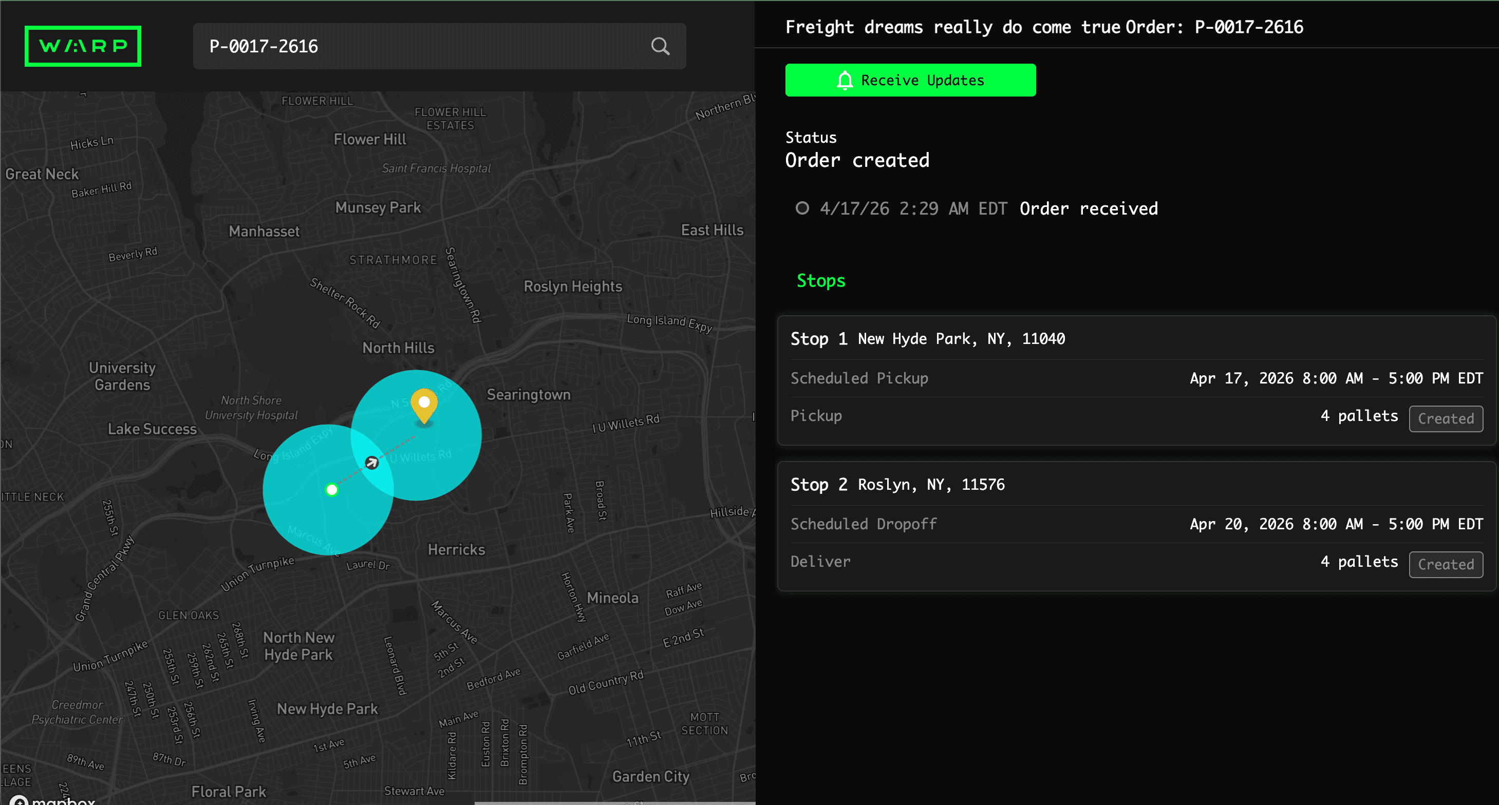 Warp public tracking page: live map with pickup and delivery markers, order status, scheduled stops, and a Receive Updates button — no login required
