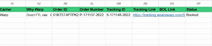Google Sheet row after booking with Warp Instant FTL RFP: carrier Warp, order ID, order number P-171137-2622, tracking ID S-171148-2622, tracking link, BOL link column, status Booked.
