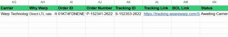 Google Sheet row after booking with Warp Instant LTL RFP: carrier Warp Technology, order ID, order number P-152341-2622, tracking ID S-152353-2622, tracking link, BOL link column, status Awaiting Carrier.