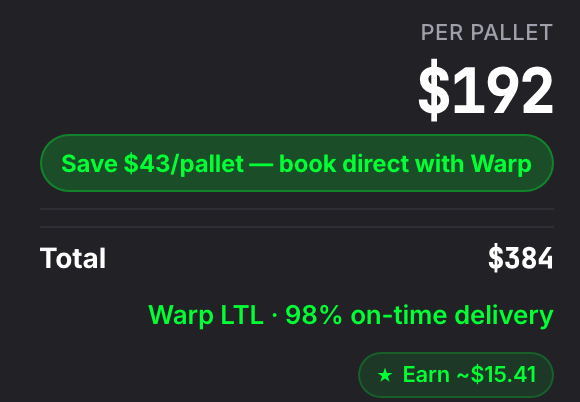 Warp portal rate card: $192 per pallet, all in