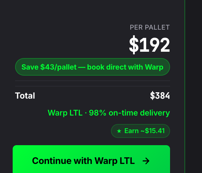 Warp rate card: $192 per pallet, save $43 per pallet booking direct with Warp, book in one click