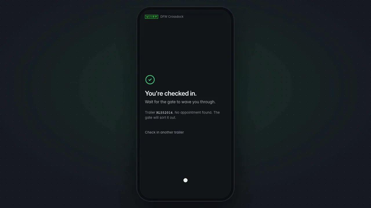 Warp Yard driver check-in on a phone with sample details: trailer number, carrier, name, and phone are entered and the driver is told they are checked in.
