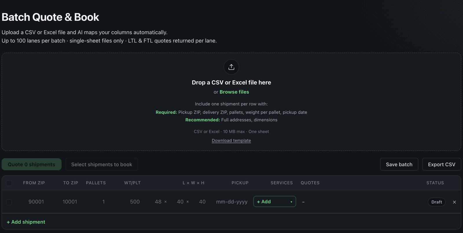 Warp TMS Batch Quote and Book: a CSV or Excel drop zone that maps columns automatically, up to 100 lanes per batch with LTL and FTL quotes returned per lane, above a shipment row grid ready to quote and book