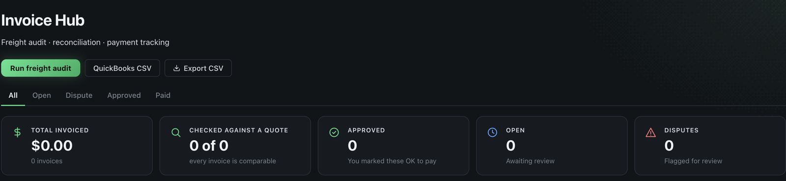 Warp TMS Invoice Hub: carrier invoices matched to their quotes with variance flags and duplicate PRO detection